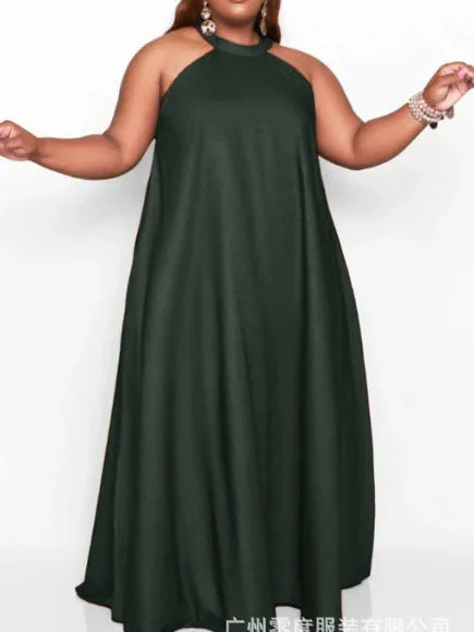 Plus Size Maxi Dress Halter Neck Sleeveless Solid Color