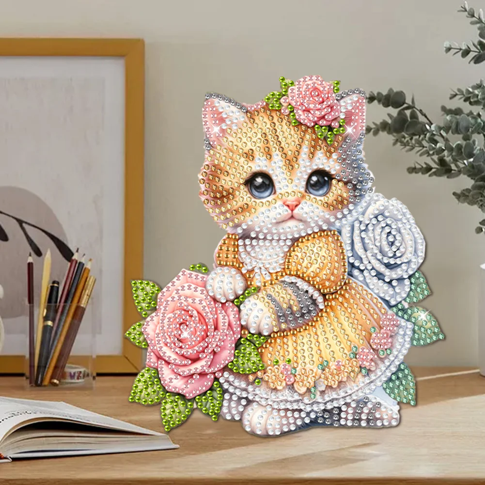 DIY Flower Cat Acrylic Shaking Head Diamond Painting Desktop Ornaments for Home Decor