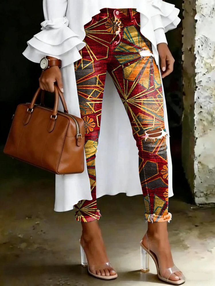 Women's Vintage Multicolor Totem Print Casual High-waisted Ripped Skinny Jeans