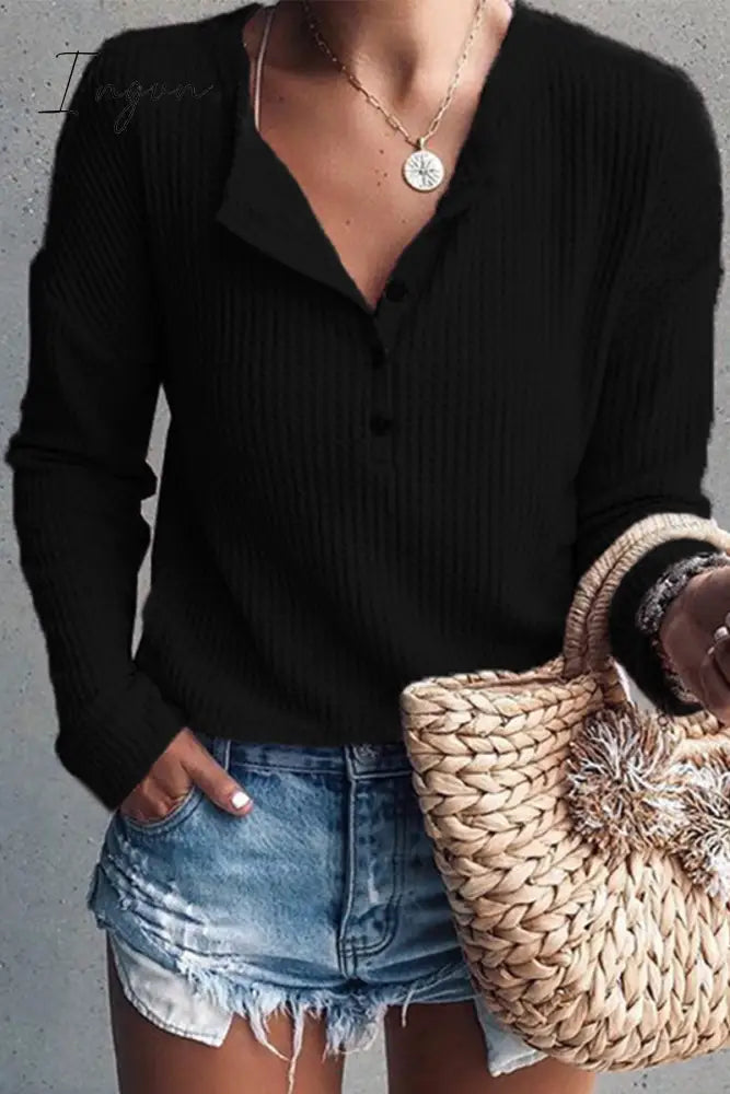 Ingvn - Casual Solid Buttons O Neck Tops Black / S Tops/Long Sleeve