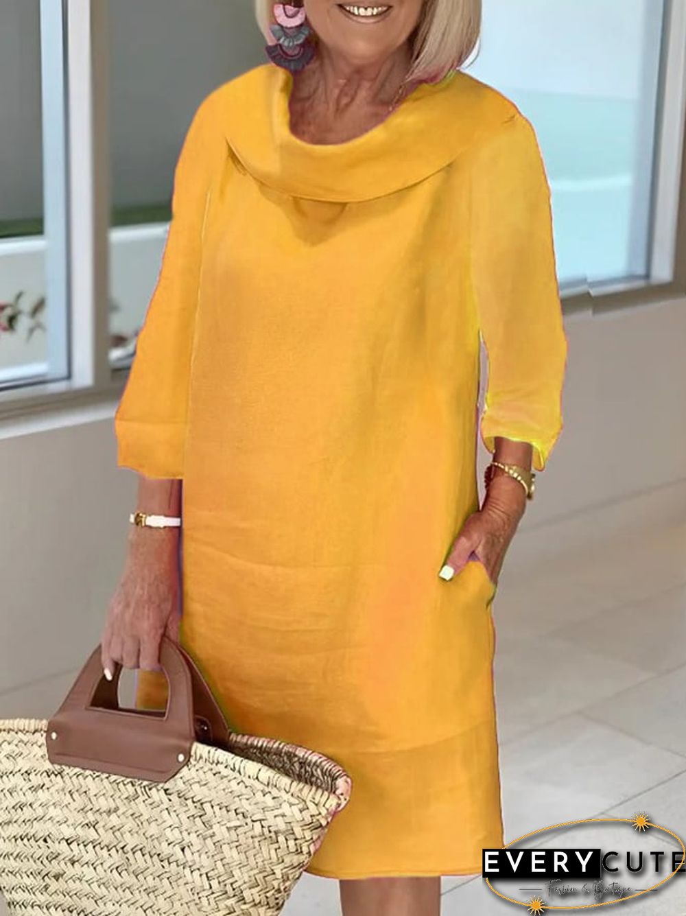 Women's Casual Solid Color Long sleeve Midi Dress