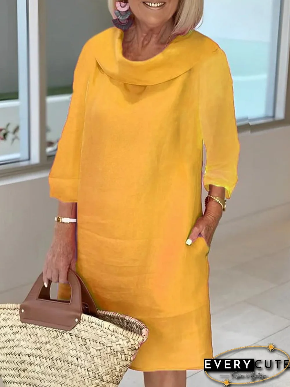 Women's Casual Solid Color Long sleeve Midi Dress