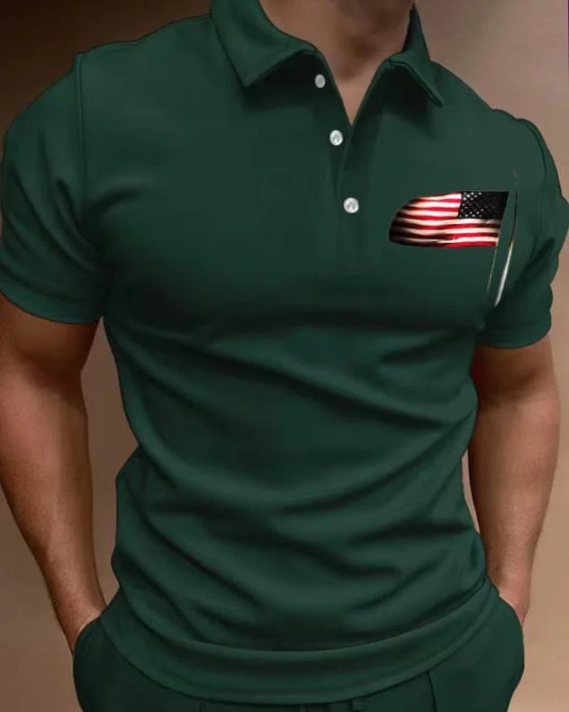 Men's Casual Flag Printed Short Sleeved Polo Shirt at Hiphopee