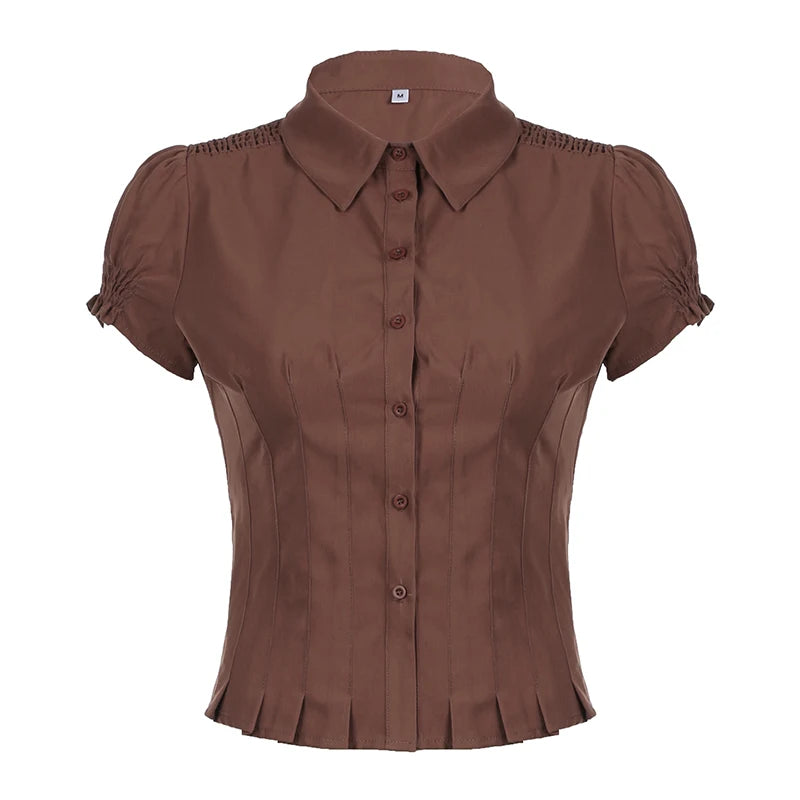 Fairycore Pleated Hem Shirt Brown Slim-fitting Turn-down Collar Blouses Button-up Short Sleeve Tops Streetwear Chic Y2K Aiertu