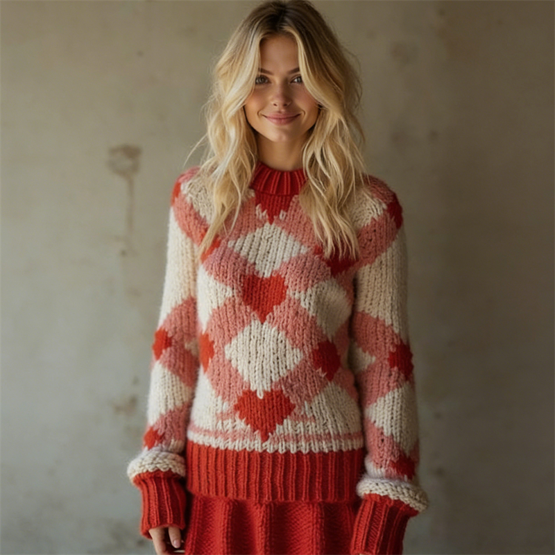 Vintage Valentine's Day Hearts Tartan Cozy Knit Sweater wearshes
