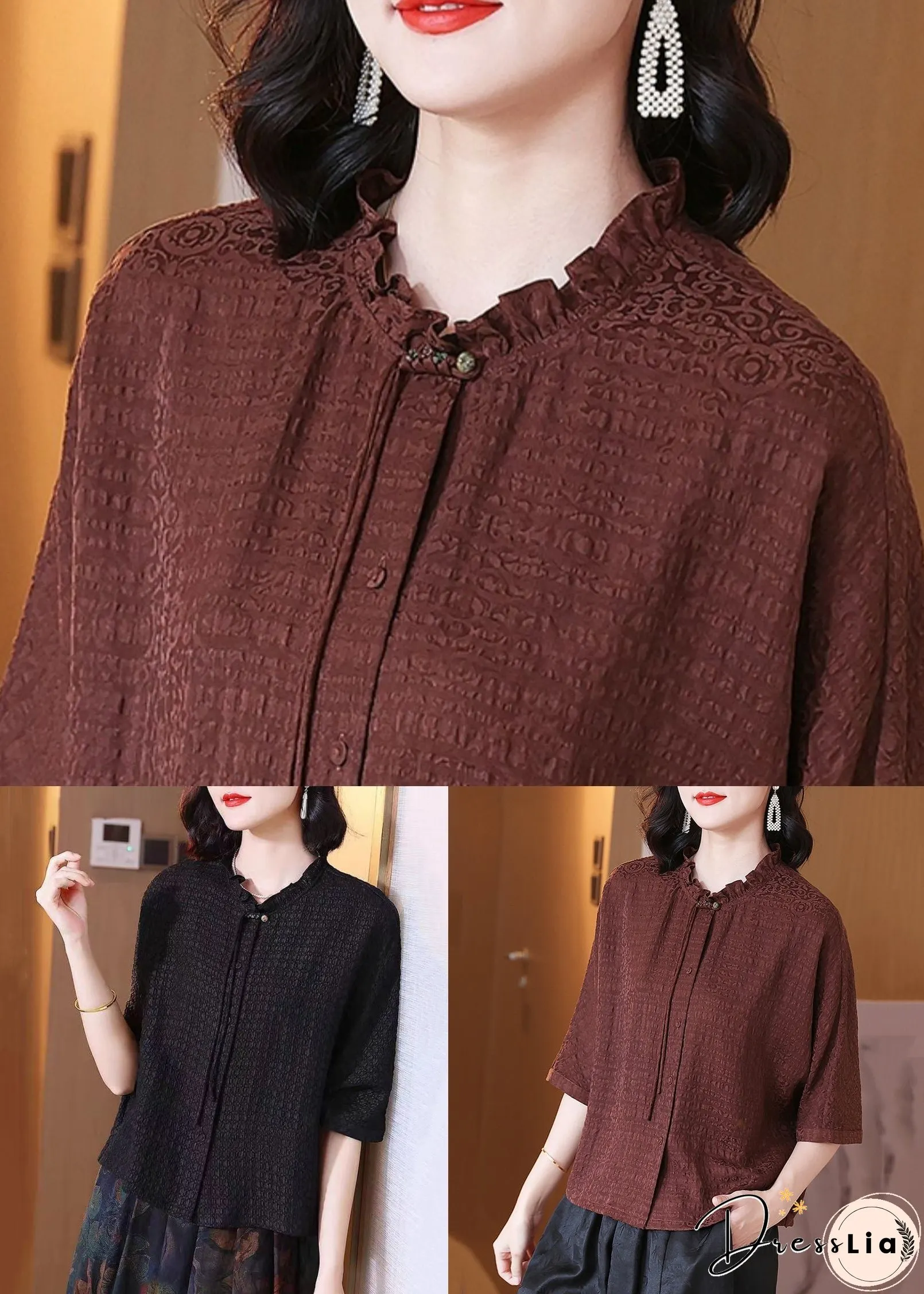 Loose Brown Ruffled Button Silk Blouse Spring