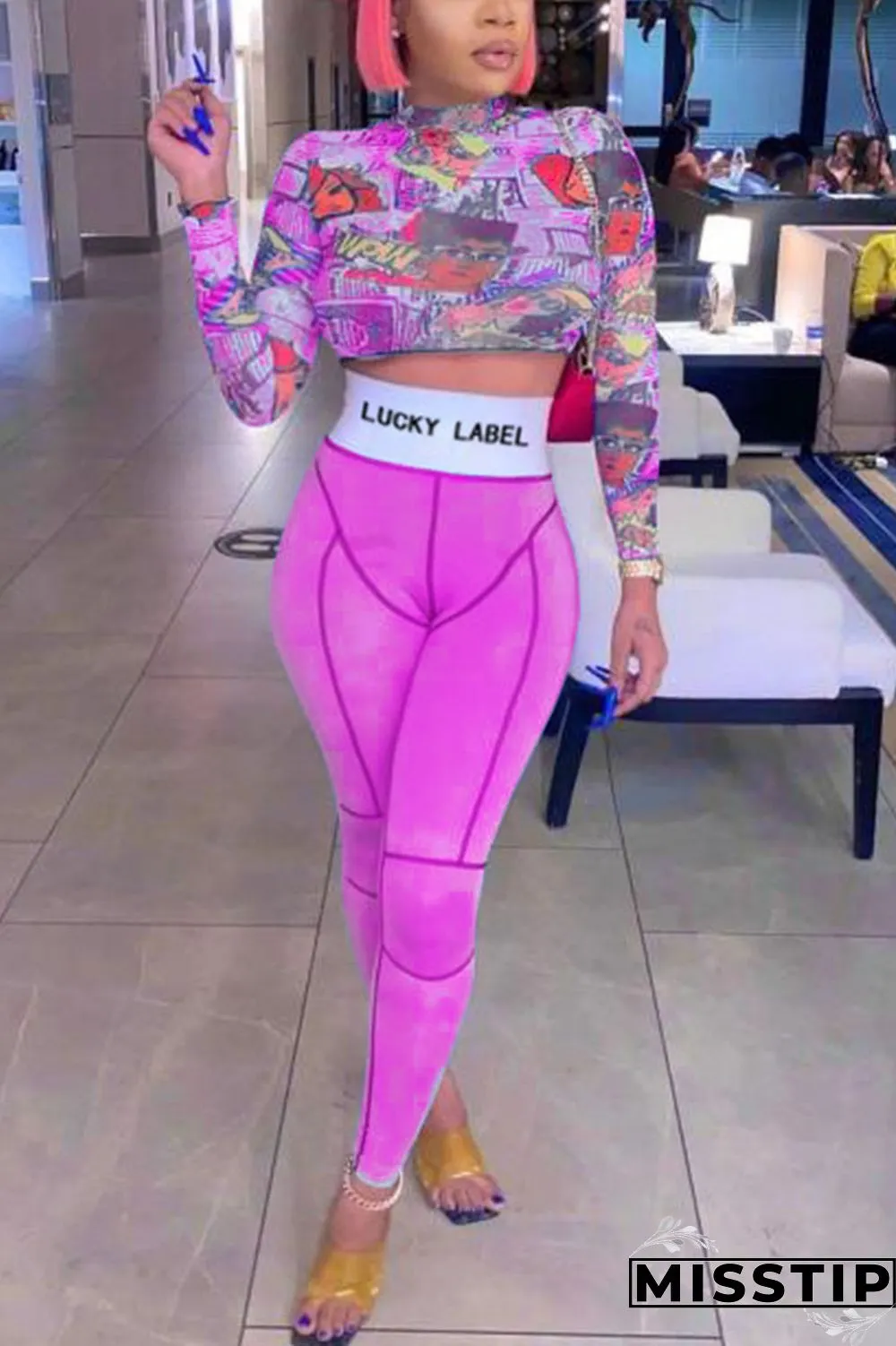 Light Purple Sexy Print O Neck Long Sleeve Two Pieces