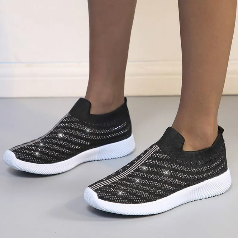 Women Flash Running Walking Shoes Hot Autumn New Mesh Breathable Knit Ladies Mix Colors Sneakers Soft Platform Slip On Loafers