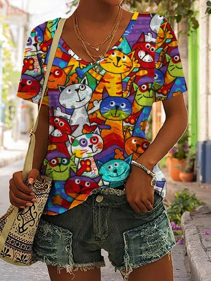Women's Funny Cat Print Short Sleeve T-Shirt