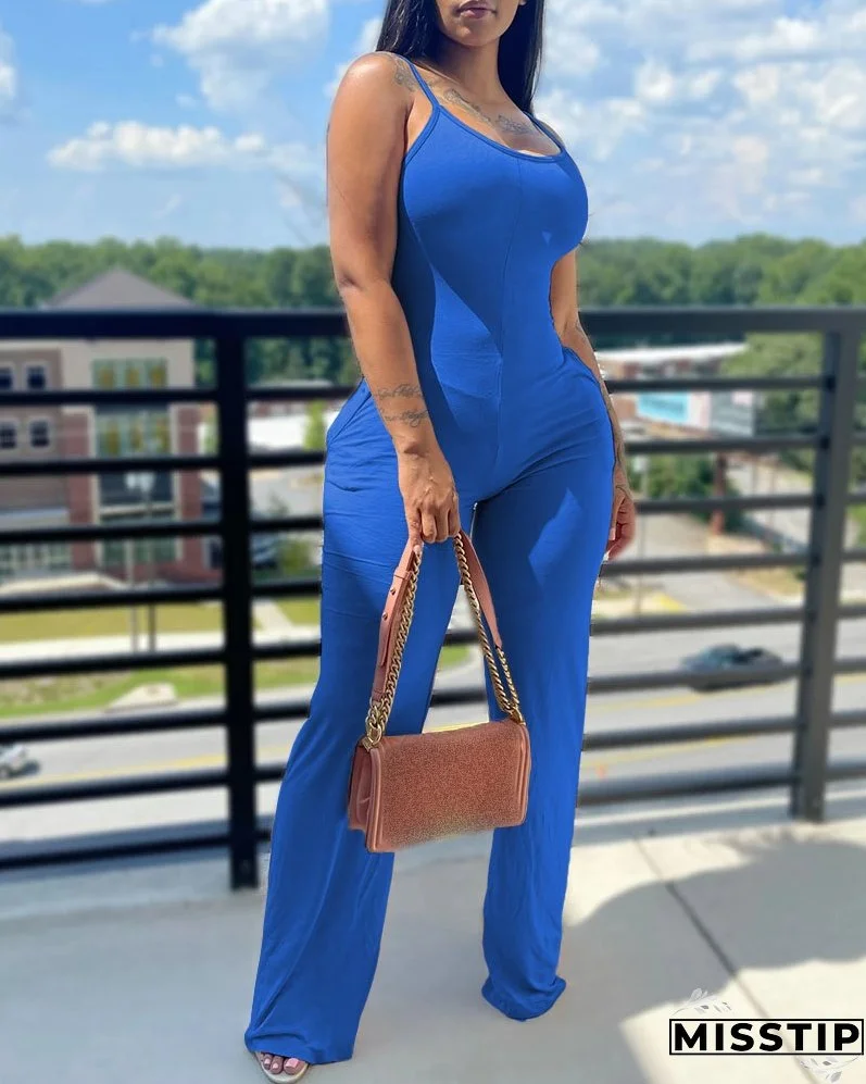 Printed Solid Color Straps Jumpsuit