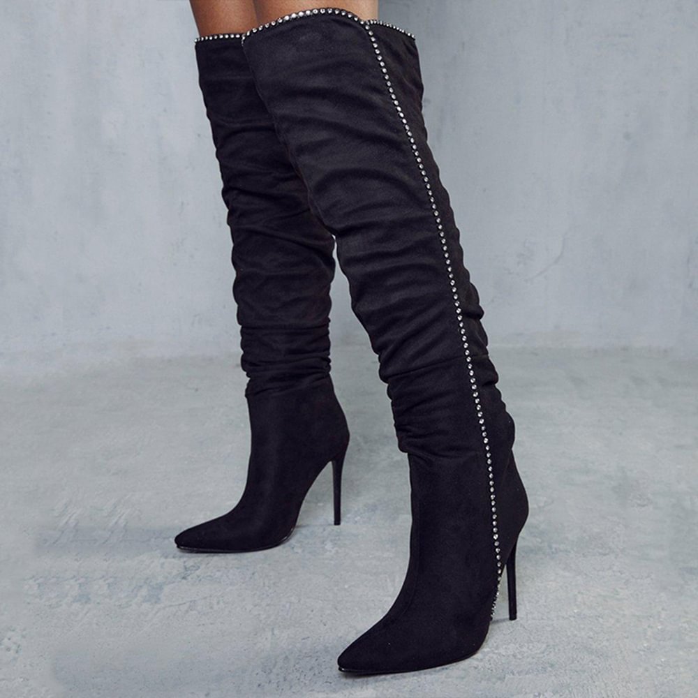 Full Black Suede Boots Pointed Toe Rhinestone Decor Stiletto Heels Nicepairs