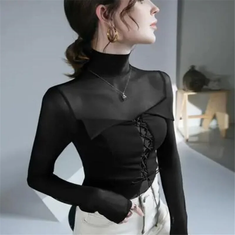 Mesh Stitching T-shirt Translucent Ladies Tees Stretch Retro Turtleneck Bottoming Top Bandage Jumpper Top  Female Tees