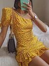 Yellow Floral Oblique Shoulder Sexy Mini Dress