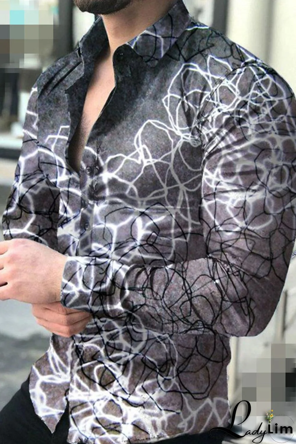 Black Gray Fashion Casual Print Split Joint Buckle Turndown Collar Tops