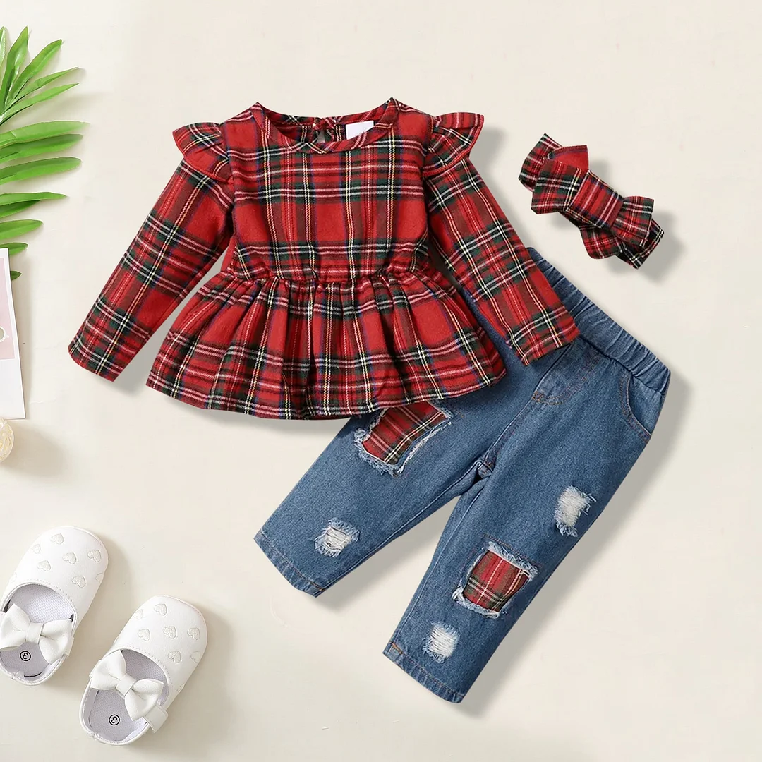 3PCS Christmas Plaid Printed Baby Set