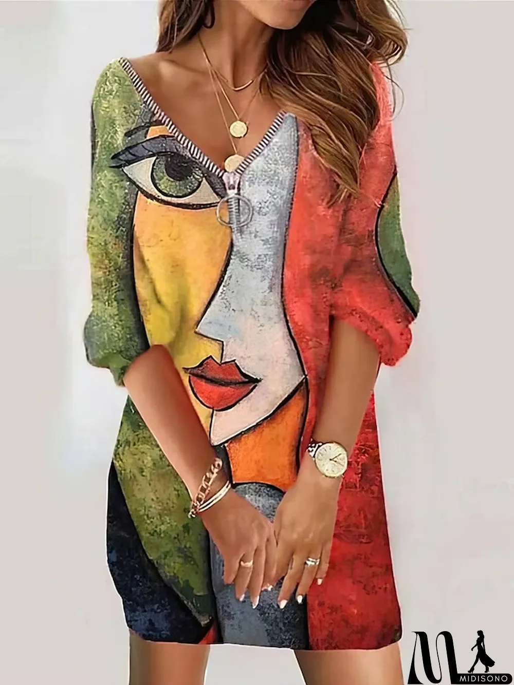 MidiSono - Women's Sweatshirt Dress Winter Dress Abstract Print Zipper V Neck Mini Dress Fashion Streetwear Outdoor Daily 3\/4 Length Sleeve Loose Fit Purple Fuchsia Green Fall Winter S M L XL XXL