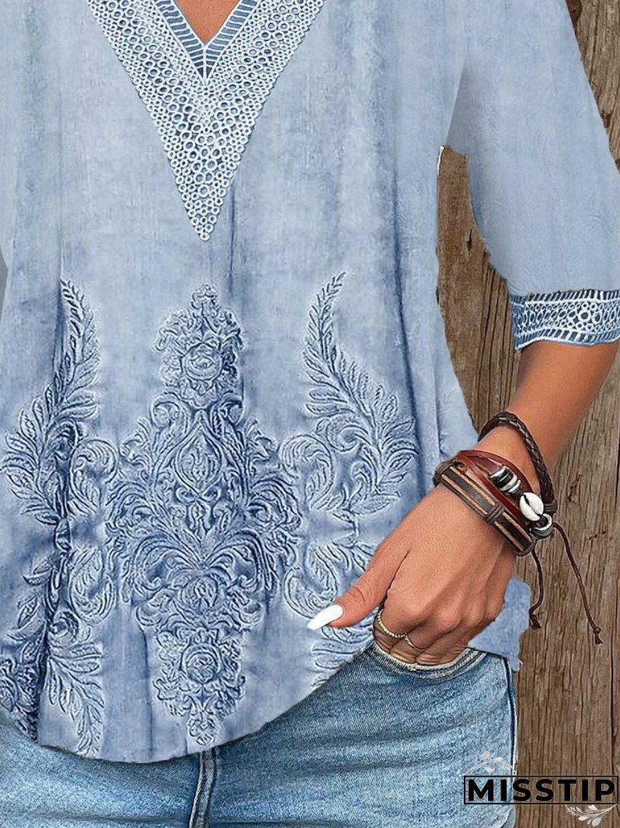 V-neck Hollow-out Lace Casual Top