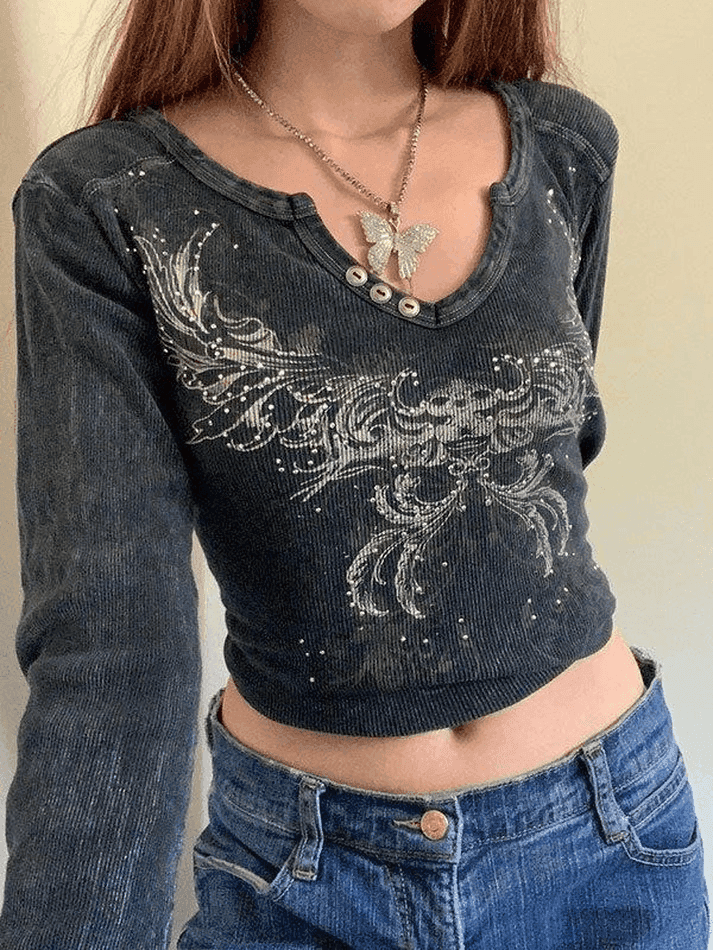 Brownm Rhinestone Detail Long Sleeve Crop Top