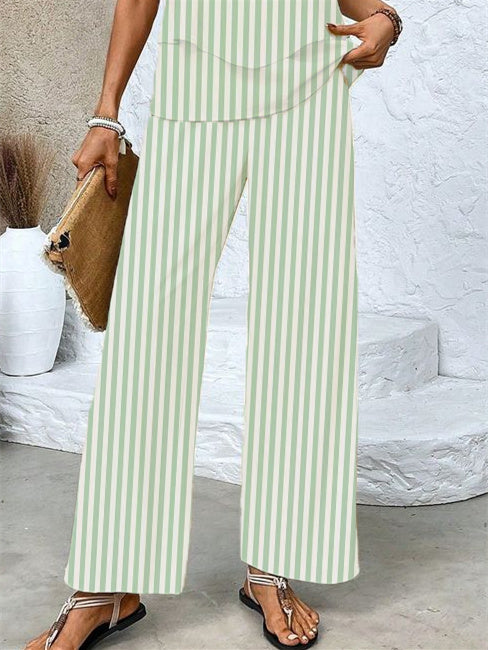 Women's Sleeveless Square Collar Striped Graphic Printed Casual Set