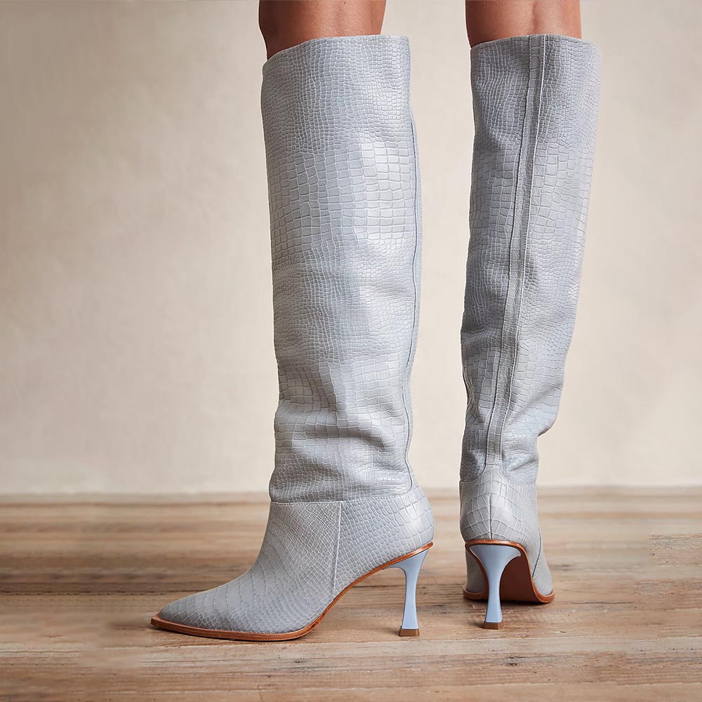 Blue Snip Toe Kitten Heel Wide Calf Knee High Croc Embossed Boots Nicepairs