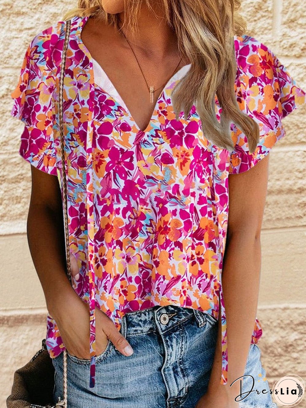 Fiery Red Floral Print Top with Flutter Sleeves