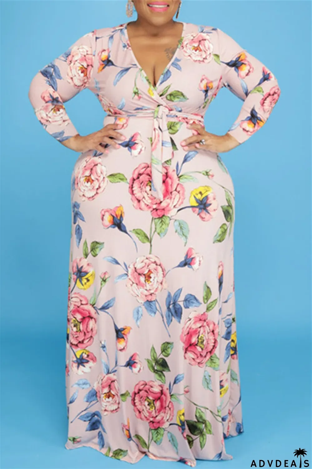 Leopard Print Fashion Casual Plus Size Print With Belt V Neck Long Sleeve Dresses