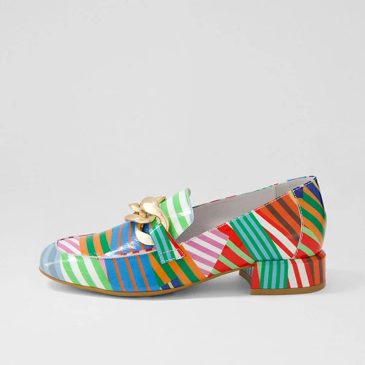Multicolor Patent Leather Stripe Heeled Loafers with Chunky Chain |FSJ Shoes