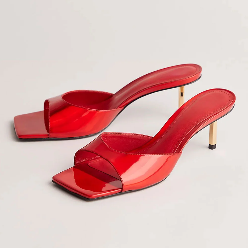 Simple Red Patent Leather Stiletto Heel Open-Toe Slide Sandals