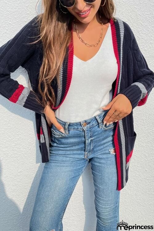Open Front Striped Long Sleeve Cardigan