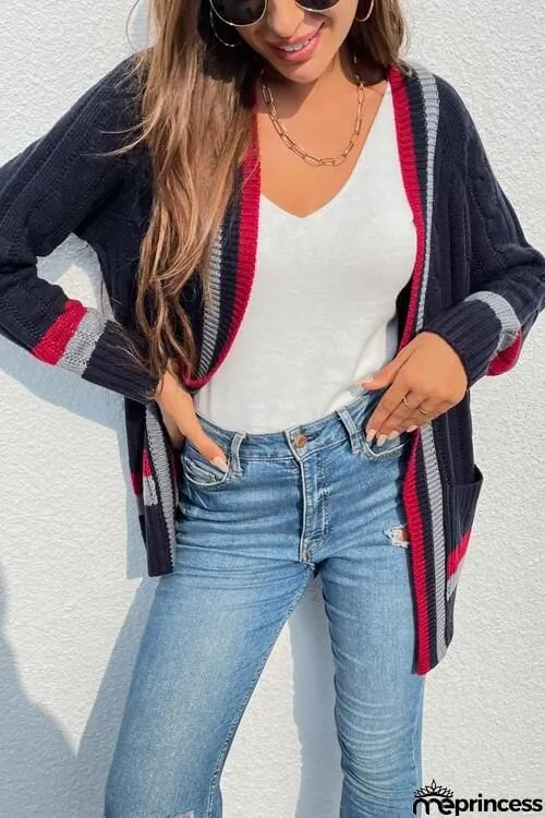Open Front Striped Long Sleeve Cardigan