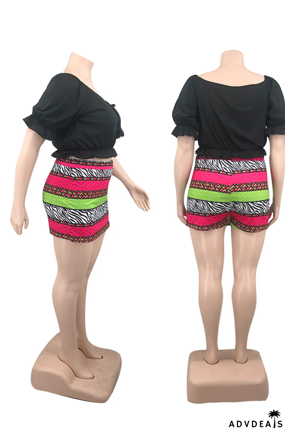 Orange Sexy Print Patchwork Off the Shoulder Plus Size Two Pieces