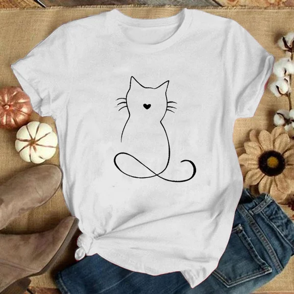 Women Graphic Cat Lovely Animal Fashion Short Sleeve Spring Summer Cartoon Print Female Clothes Tops Tees Tshirt T-Shirt