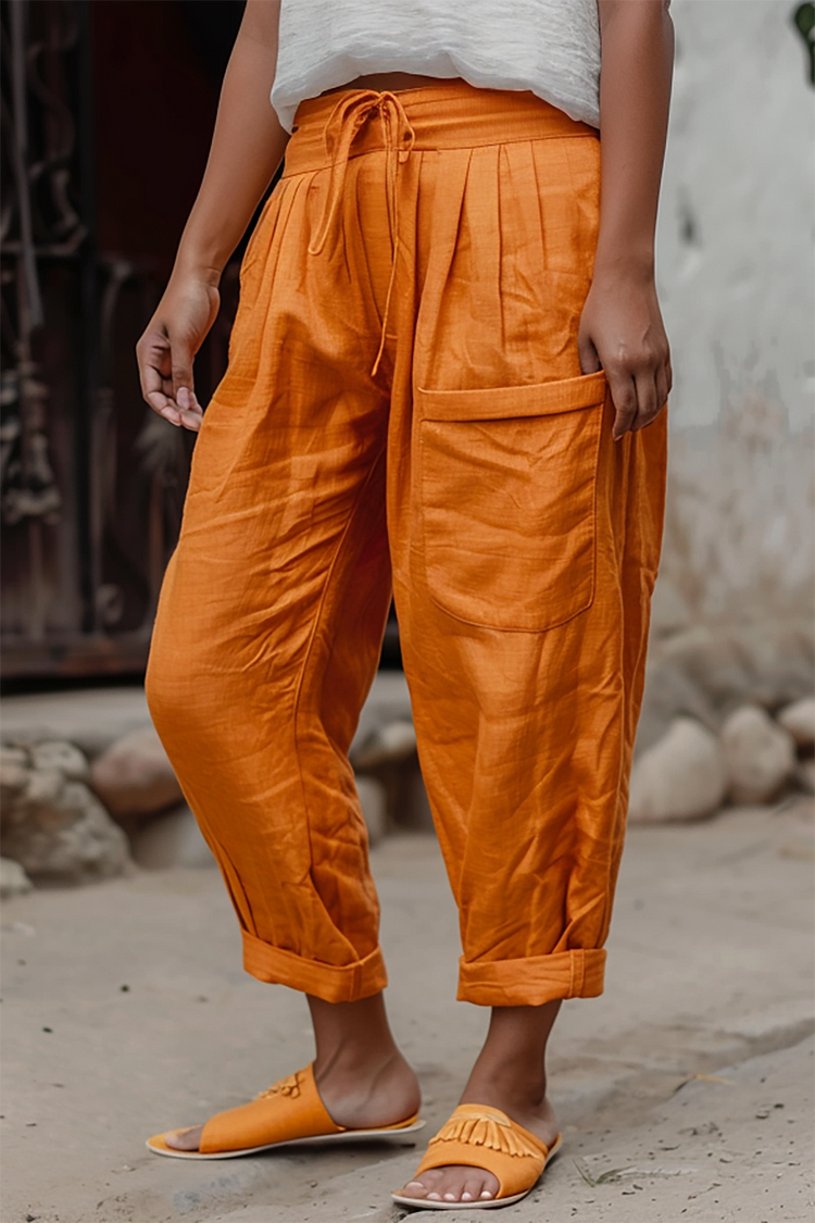 Xpluswear Design Plus Size Casual Orange Drawstring Linen Pants