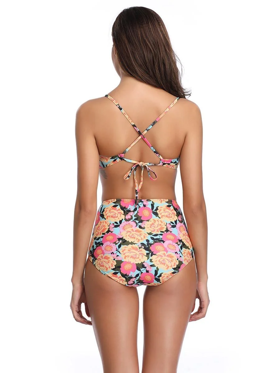 Female Swimwear Flowers Straps Twopiece Bikini