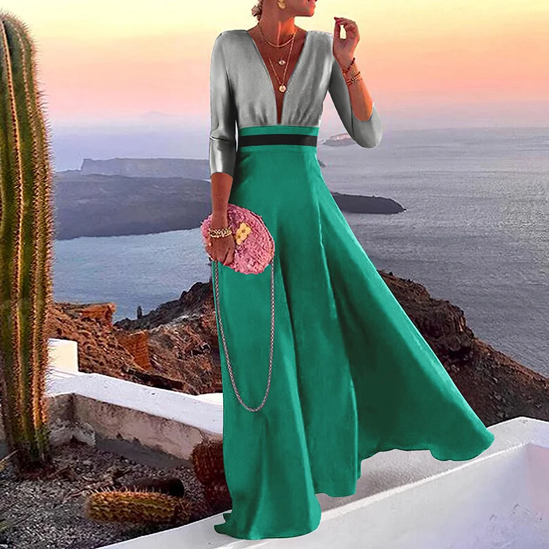 Long Sleeve V-Neck Colorblock Maxi Dress