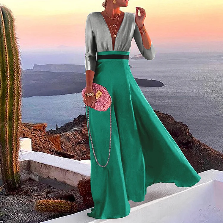 Vefave Long Sleeve V-Neck Colorblock Maxi Dress