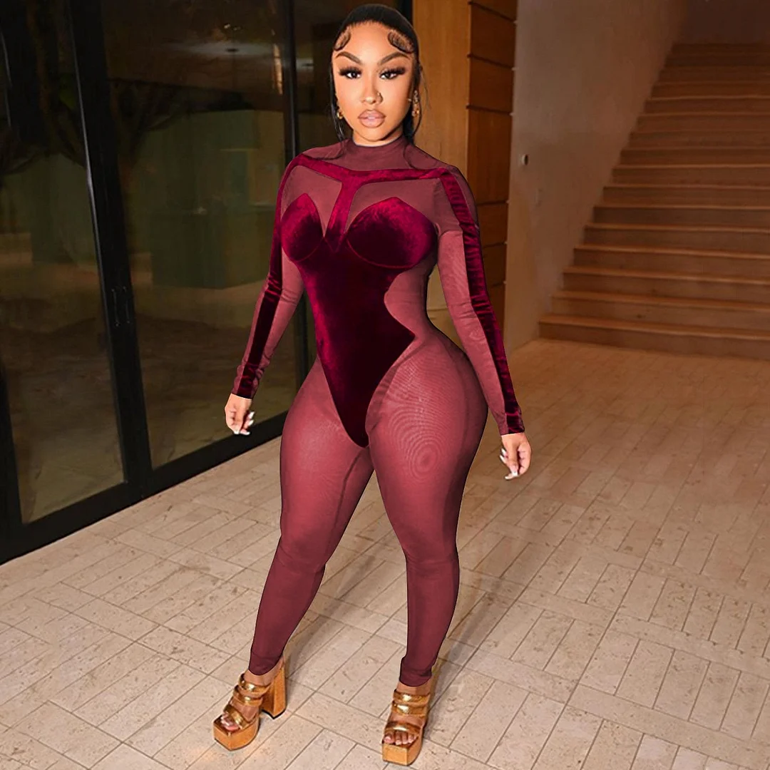 Velour mesh splice mock neck skinny jumpsuit-zachics