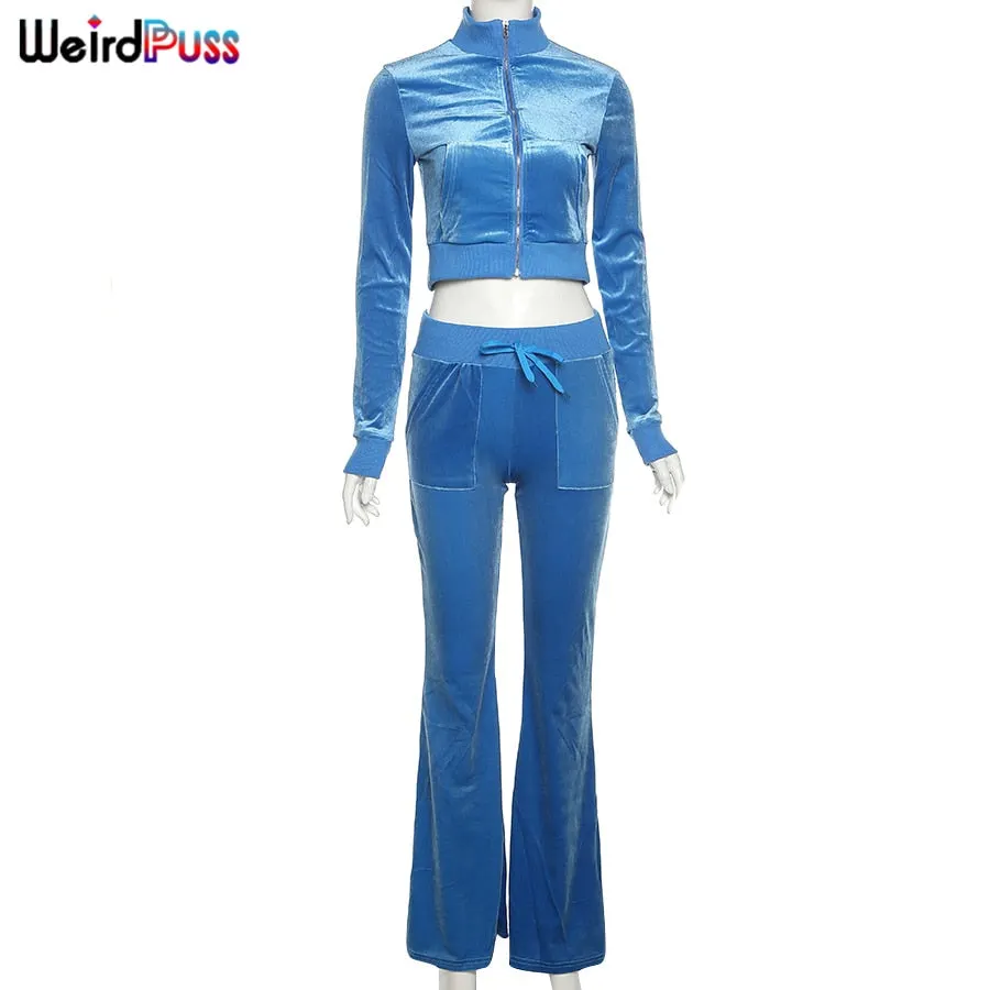 Weird Puss Velvet Women Tracksuit Skinny 2 Piece Set Zip Sporty Sweatshirt+Straight Pants Casual Fit Matching Streetwear Outfits