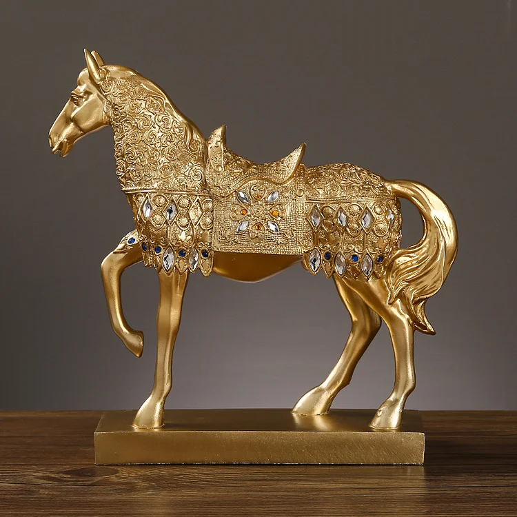 Luxury Diamond Horse Standing Statue, Golden Fortune Horse Statue Carved Resin Horse Sculpture Art Home Decor, Brass Horse Statue