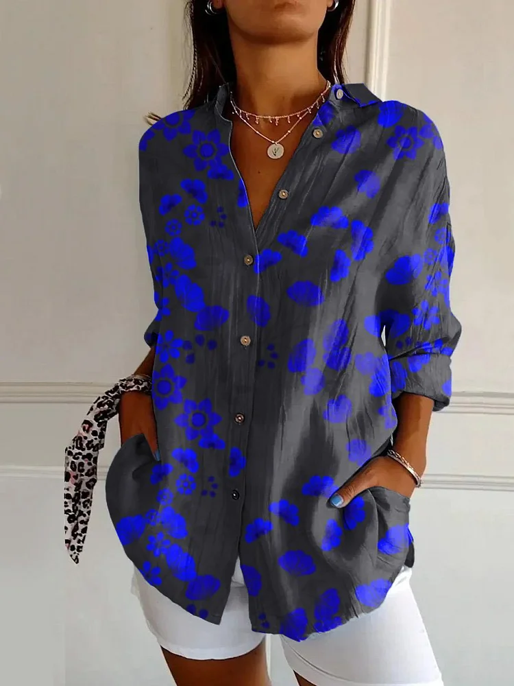 Retro Bright Blue Floral Art Print Long Sleeve Shirt