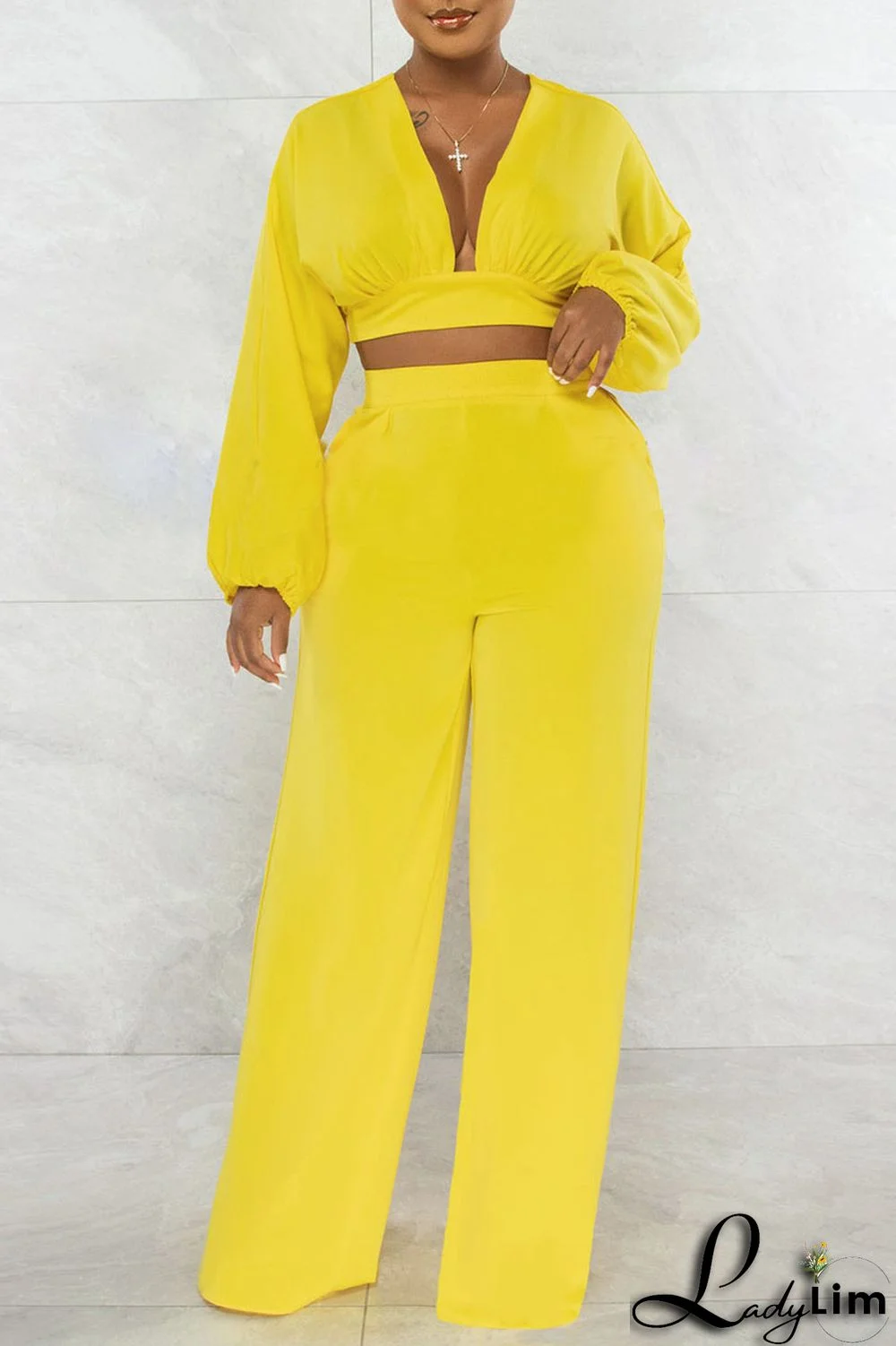 Yellow Sexy Solid Patchwork Backless V Neck Long Sleeve Two Pieces