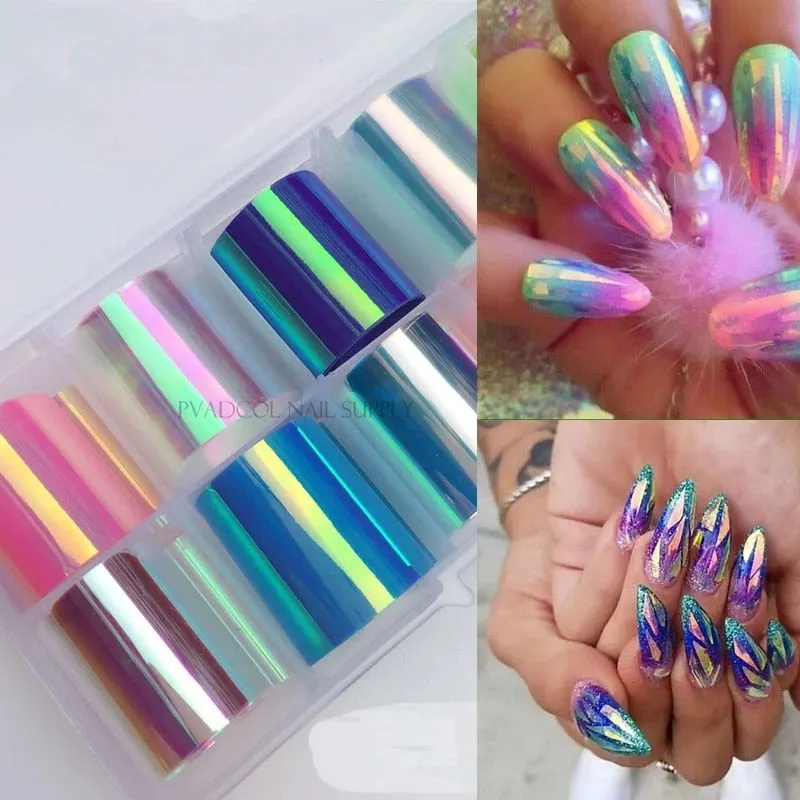 Nail Foils Broken Glass Nails Iridescent Holographic Mirror Foil Coloured Angel Paper Wraps Laser Tips Transfer Stickers Decals-Nail Inspo