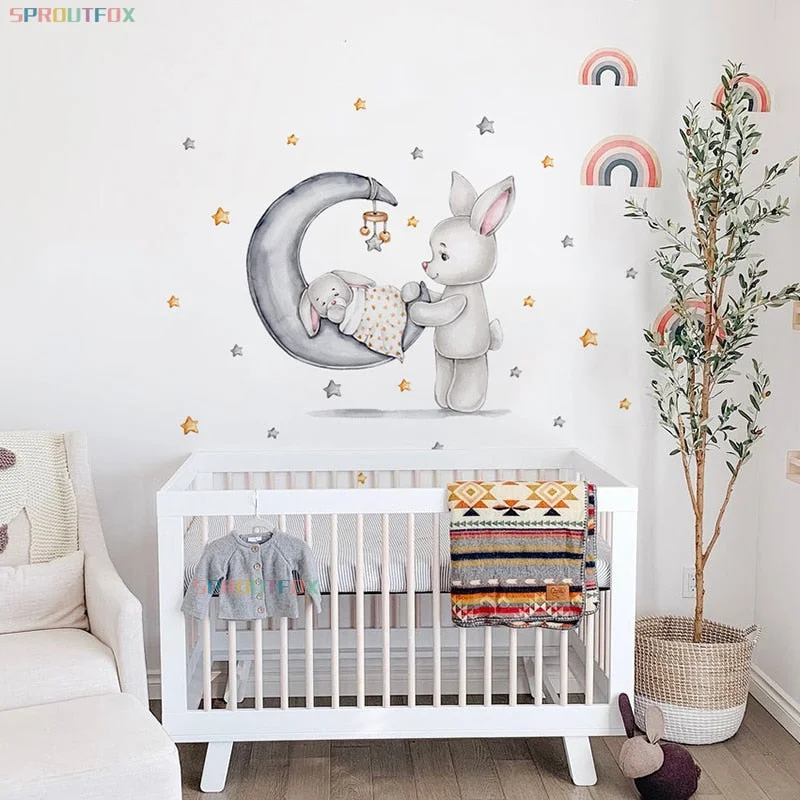 Bunny Good Night Wall Stickers For Children's Room Wallpaper Kids Rooms Animal Pattern Wall Stickers Child Wall Decorative Vinyl