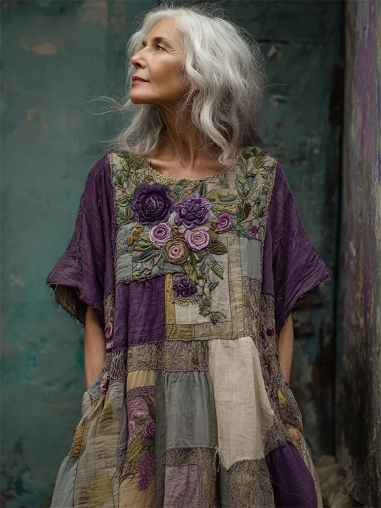 Vintage Cottagecore Purple Roses Embroidered Patchwork Linen Dress