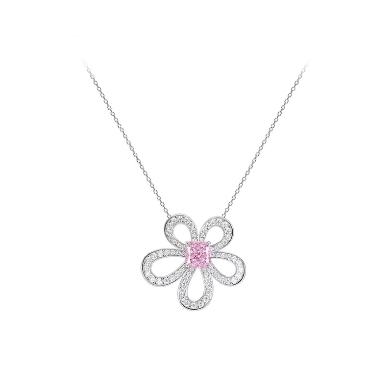925 Sterling Silver Zircon Cable Chain Inlay Flower Pendant Necklace