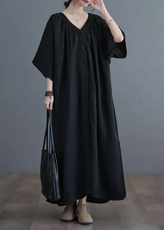 Plus Size Black V Neck Wrinkled Maxi Dresses Summer