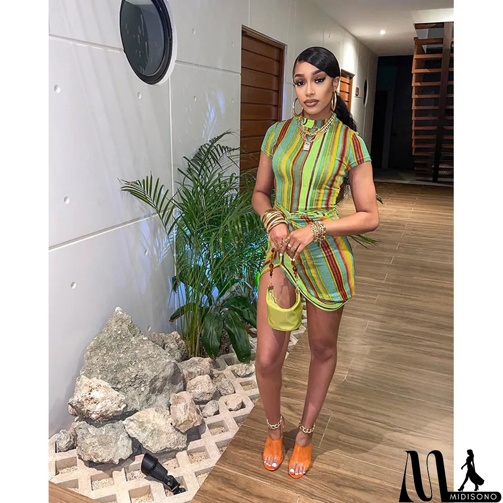 MidiSono - Casual Simple Color Striped Print Sexy Dress