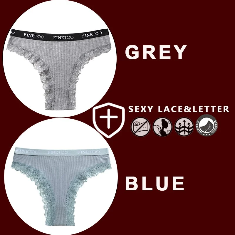 FINETOO 2PCS/Set Women's Cotton Panties Girls Letter Thongs Brazilian Pantys Sexy Lace Underwear For Woman Lingerie Bikini Panty