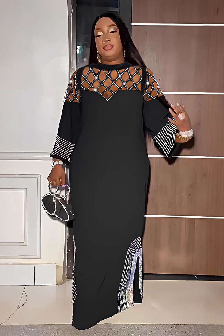 Hot Drilling Cutout Long Sleeve Side Slit Party Maxi Dresses-Black