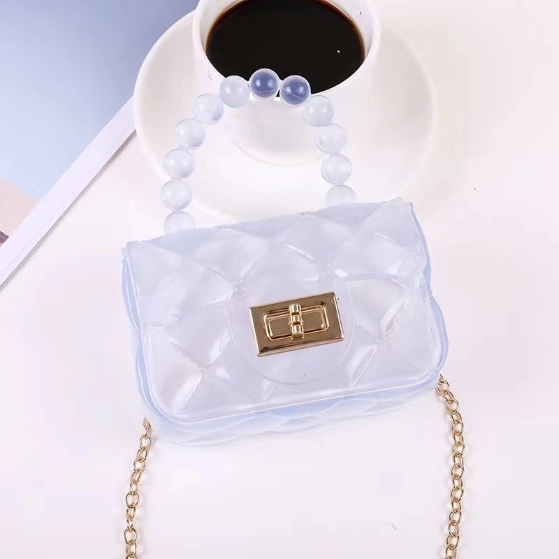 Girl’s Small Pu Leather Solid Color Lingge Cute Pearls Square Lock Clasp Crossbody Bag